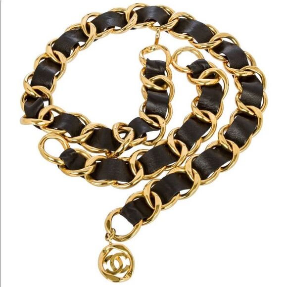 Vintage CHANEL Gold & Leather Chainlink Belt - Picture 1 of 16